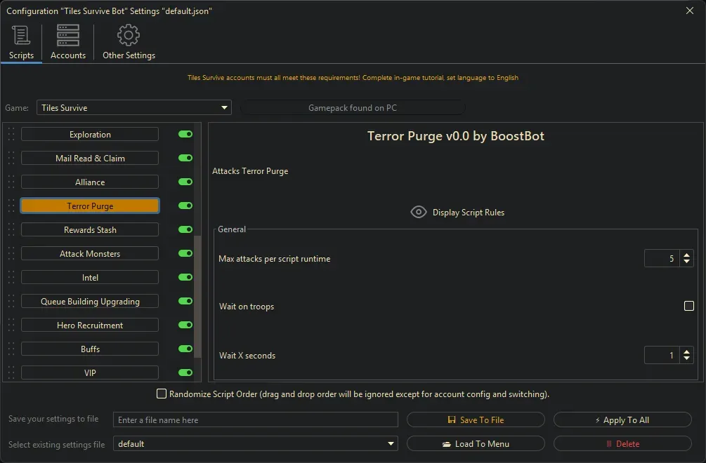 Tiles Survive Bot - Terror Purge