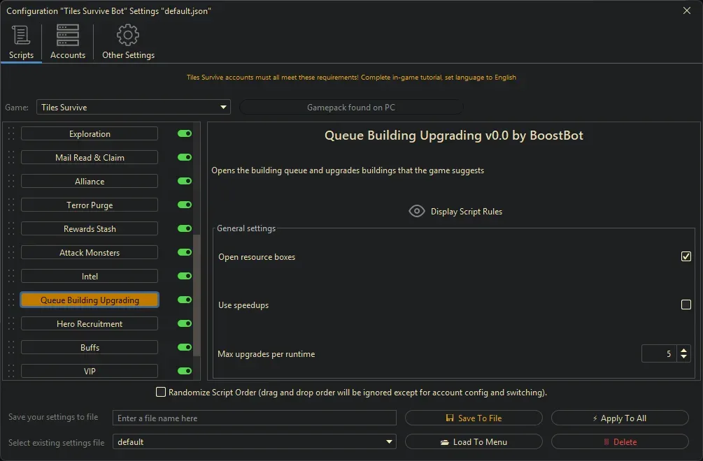 Tiles Survive Bot - Queue Building Upgrading