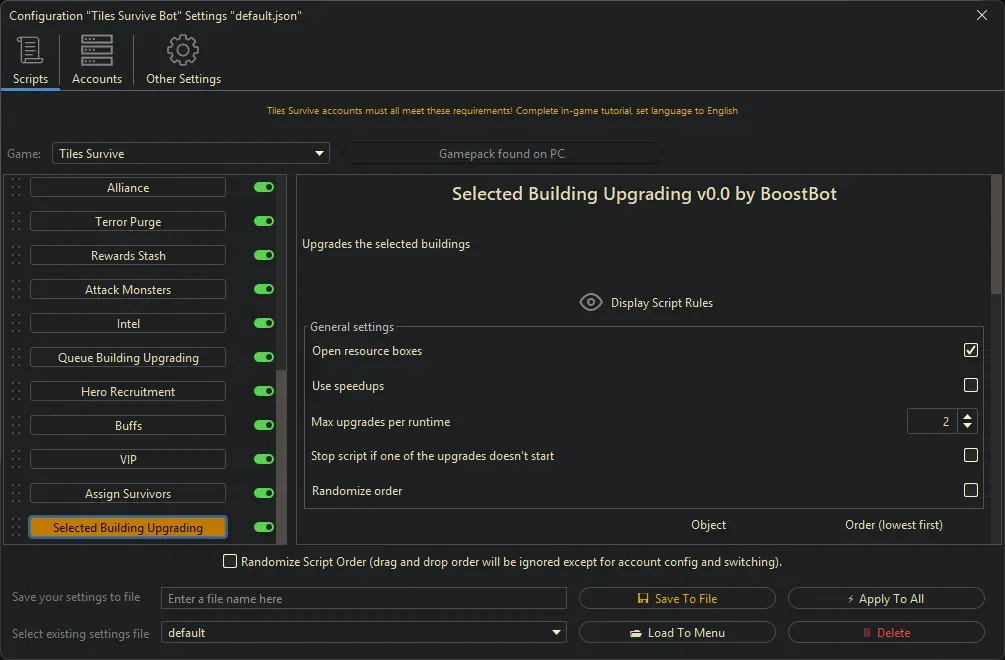 Tiles Survive Bot - Selected Building Upgrading