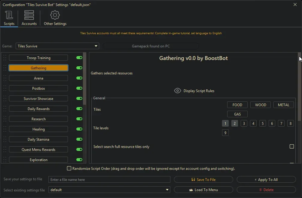 Tiles Survive Bot - Gathering