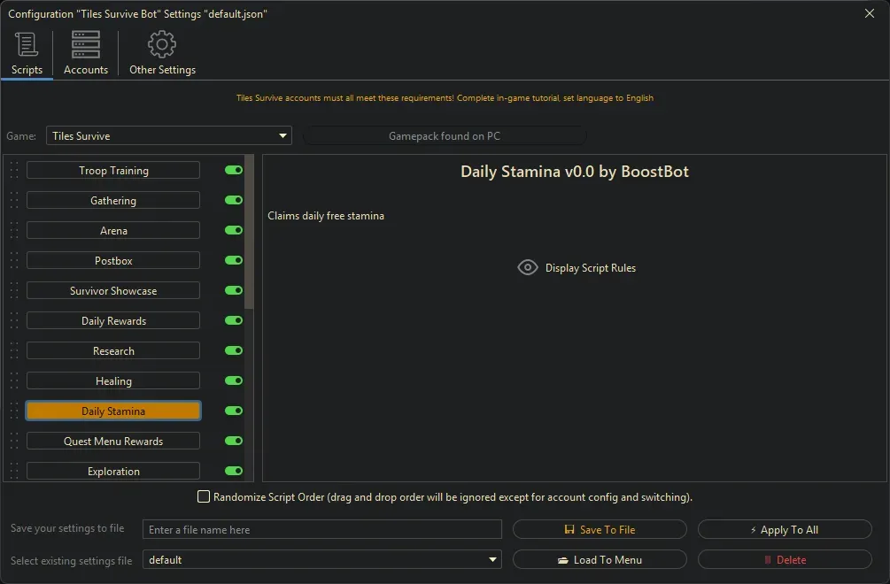 Tiles Survive Bot - Daily Stamina