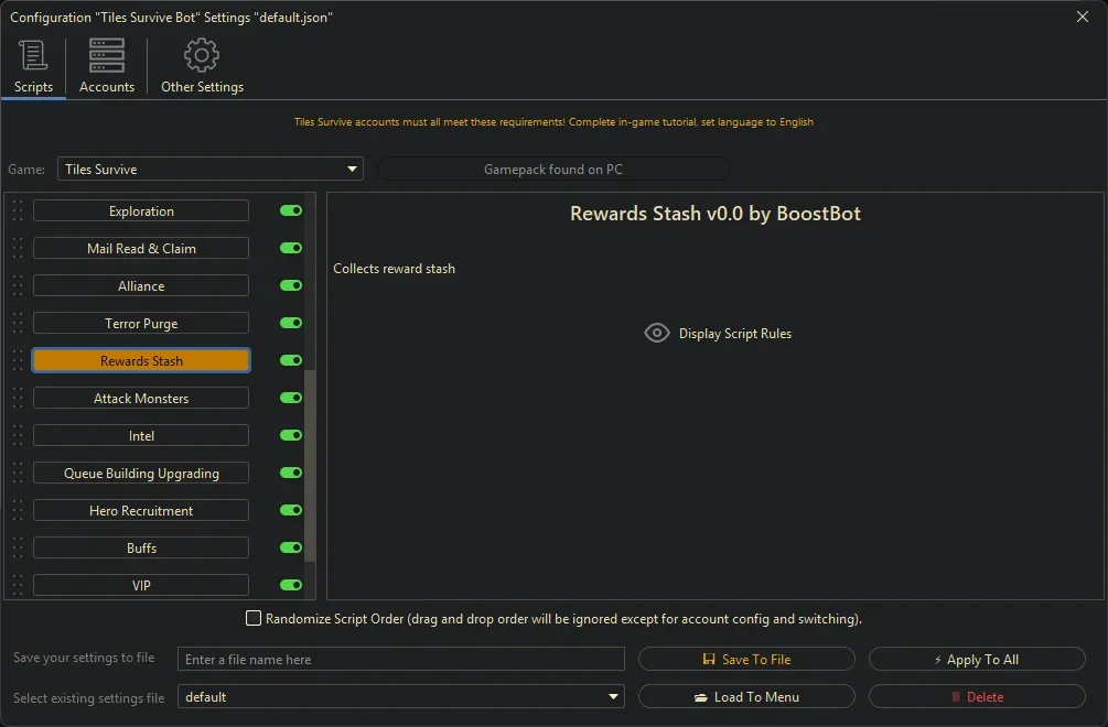 Tiles Survive Bot - Quest Menu Rewards