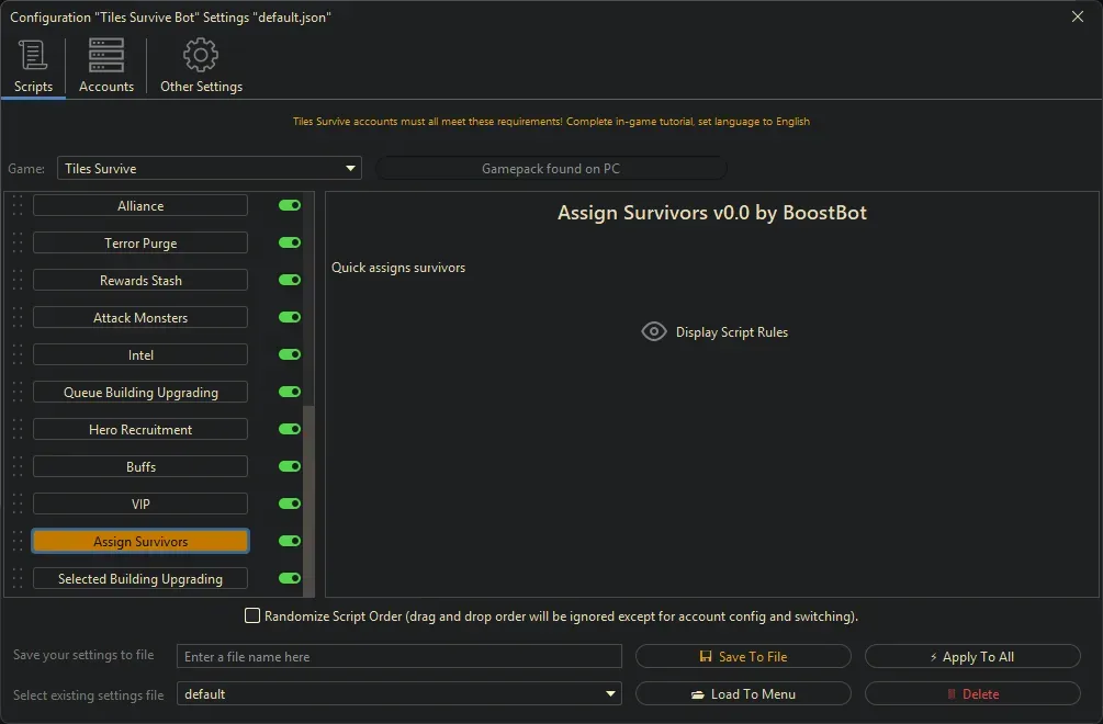 Tiles Survive Bot - Assign Survivors