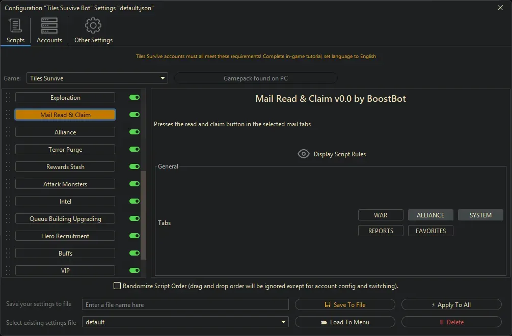Tiles Survive Bot - Mail Read & Claim