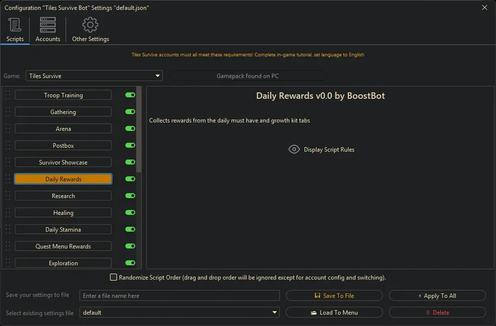 Tiles Survive Bot - Daily Rewards